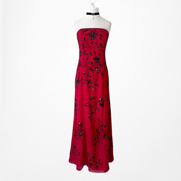 Vintage Y2K Red Black Floral Beaded Fit Flared Maxi Prom Dress Size L/XL - Picture 4 of 10